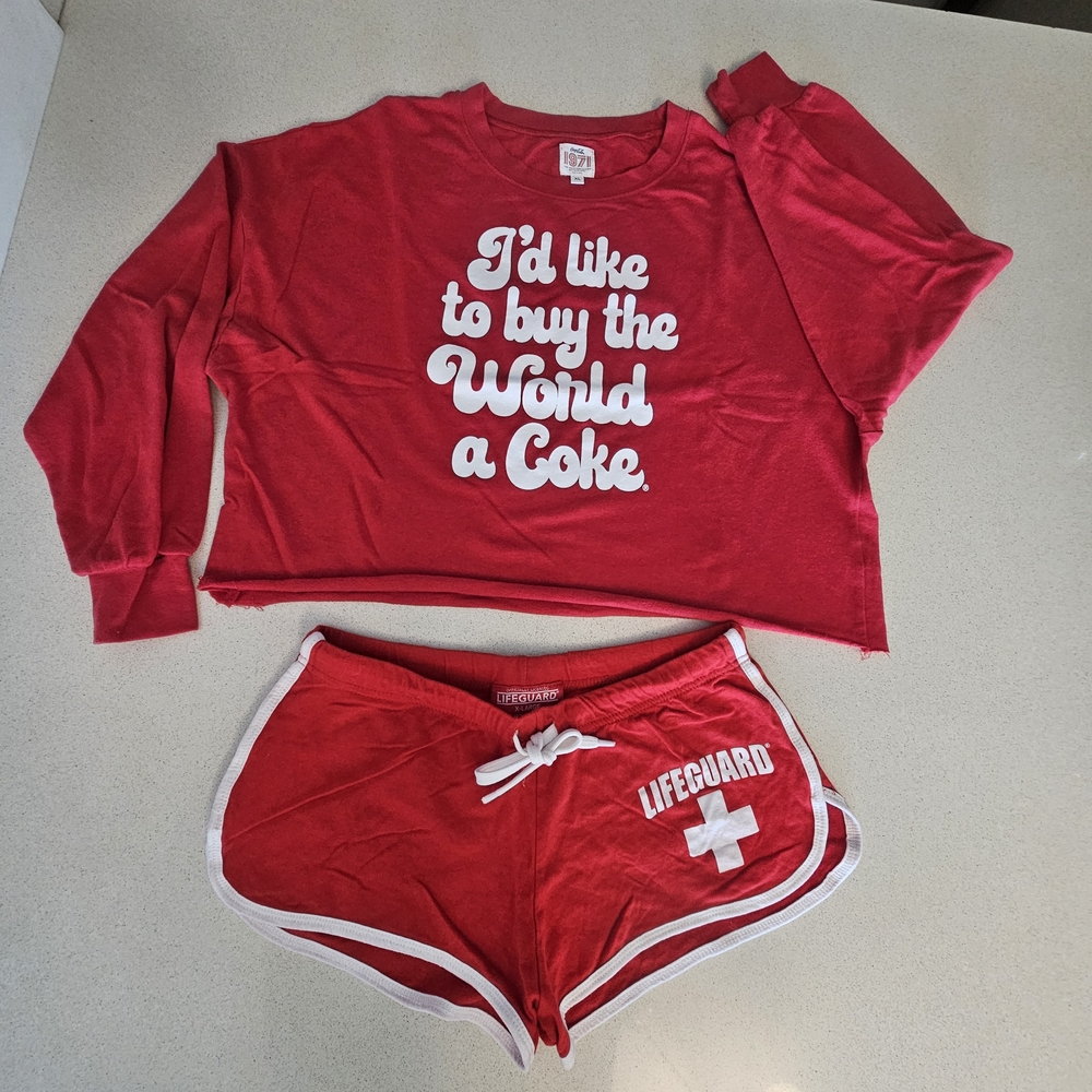 Women's Loungwear Set Shorts & Top XL Red I'D LIKE TO BUY THE WORLD A COKE Shirt